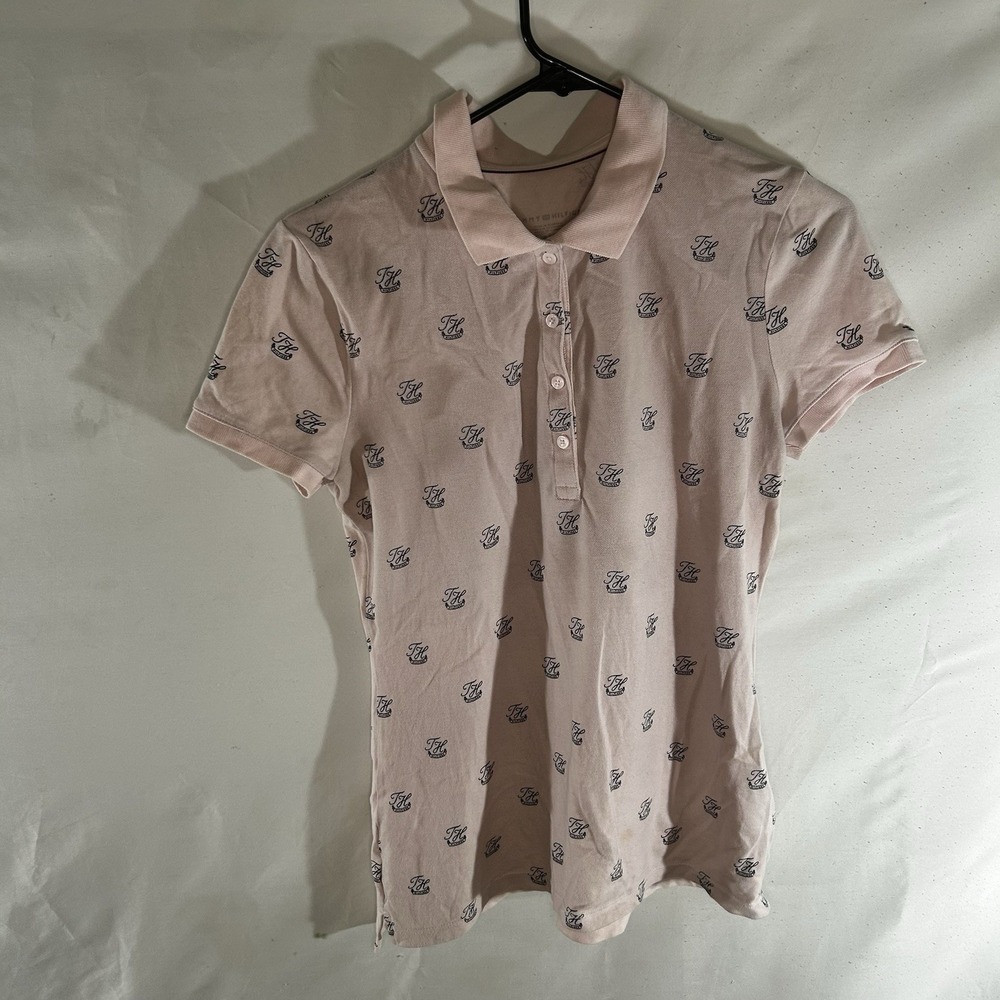 Tommy Hilfiger Women's Pink Allover Logo Polo Shirt Short Sleeve Size Small